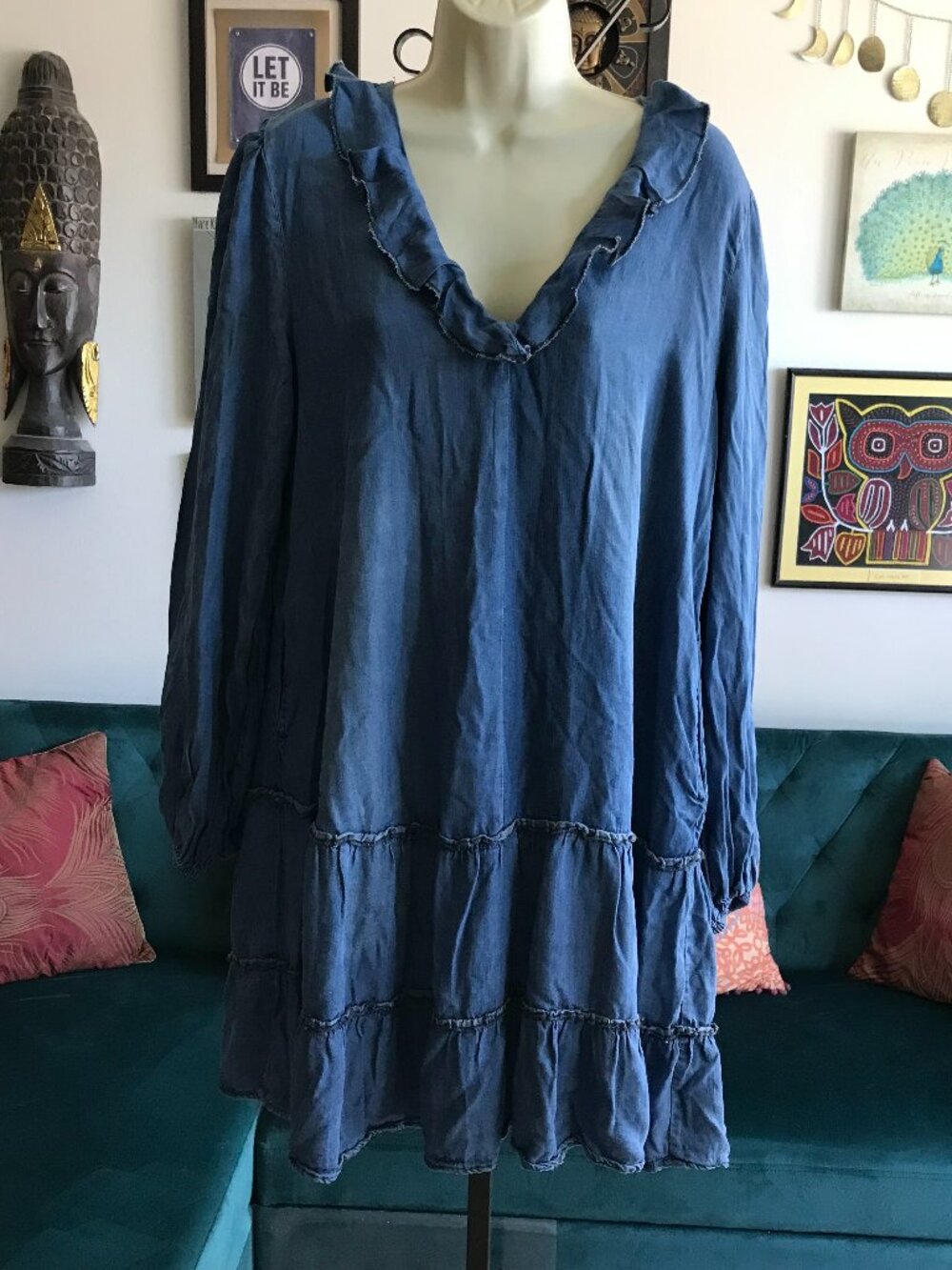 PENELOPE ROSE size L Chambray Blue Denim Tiered Cottagecore Peasant Dress NWT